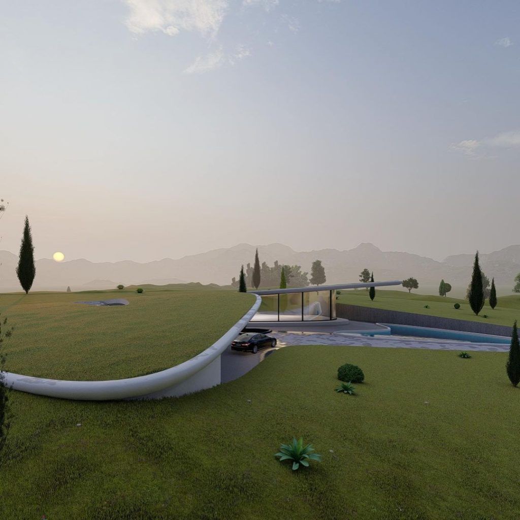 Casa debajo de la colina.  En este proyecto, debido a la posición especial del sitio en términos de topografía y paisaje circundante, se ha intentado no colocar el edificio como un objeto agregado en el suelo, sino poder establecer una relación armoniosa con el entorno circundante dentro del suelo.